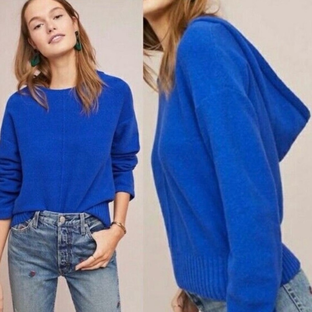 Anthropologie blue hooded sweater| cropped knit hoodie with ruched sleeves| XS